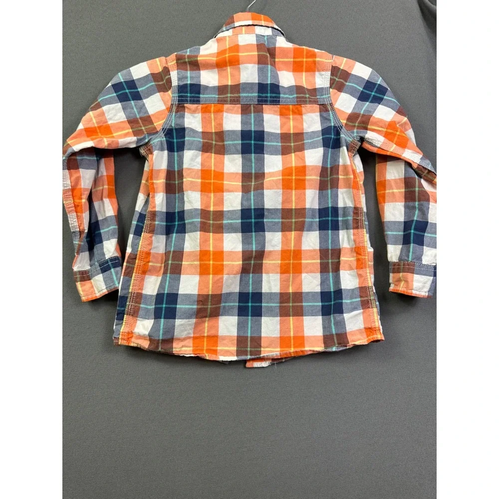 OshKosh Bgosh Boys Orange Navy Blue Plaid Button Down Shirt Size 7 Long Sleeve